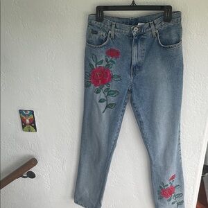 Express Blues‎ Women's Boho Blue Jeans with Red Rose Embroidery Size 9